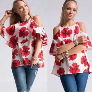 Fashionomics Tops - Big Red Floral Print Cold Shoulder Top NEW Fashionomics Tops - Big Red Floral Print Cold Shoulder Top NEW